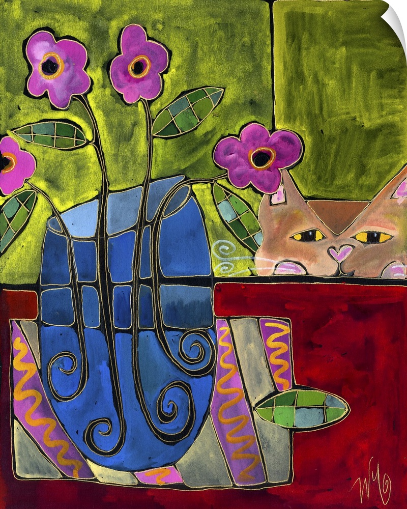 A cat looking at a blue vase of flowers on a table.