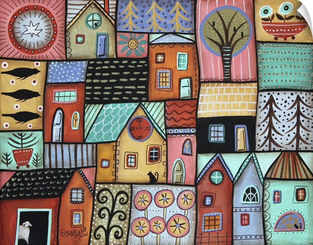 Contemporary painting of a village full of colorful houses.