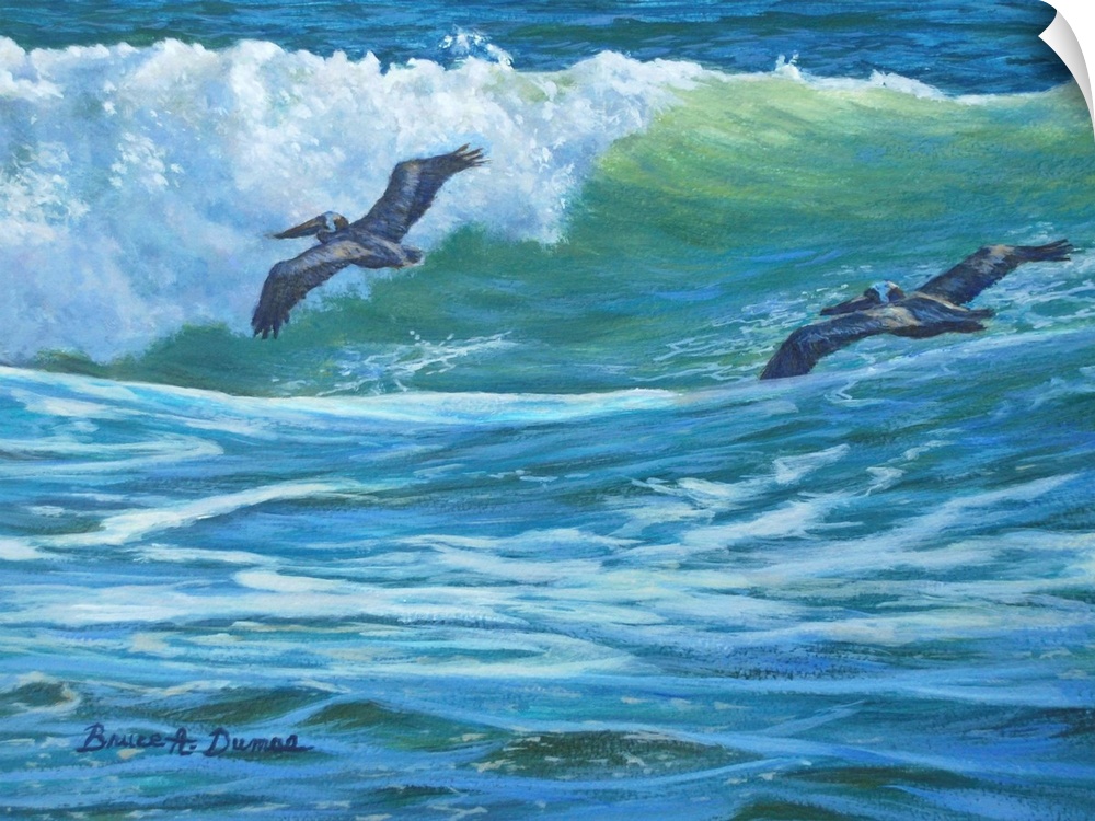 Contemporary painting of two pelicans soaring over a wave about to crash in the ocean.