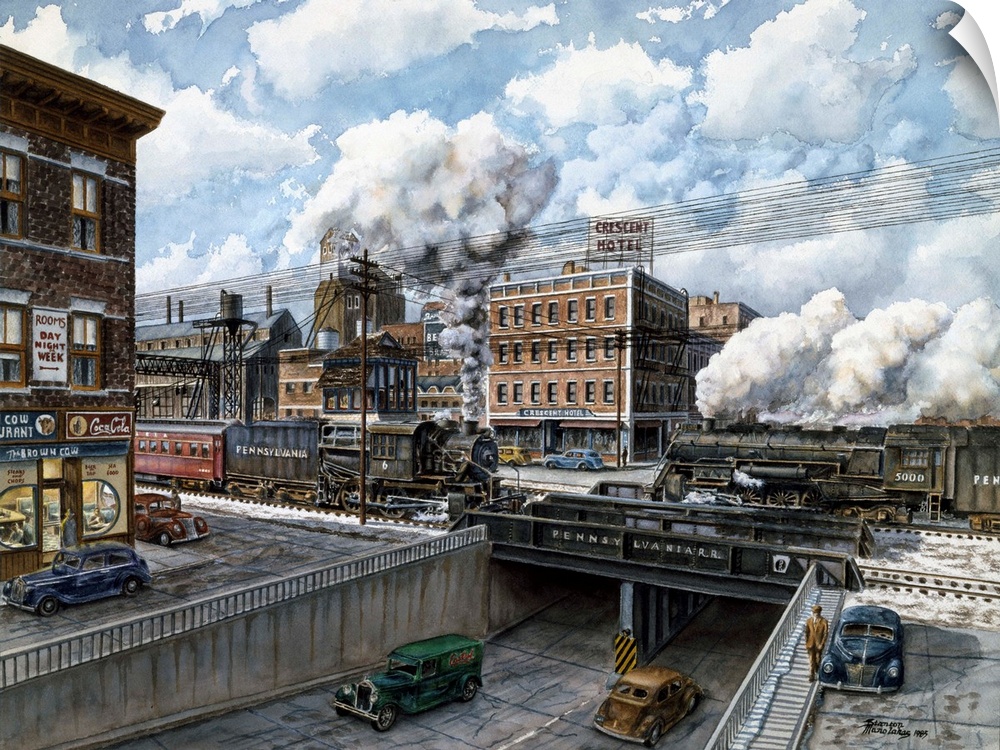 Contemporary painting of a train passing over a tunnel with thick smoke billowing from it's stack.