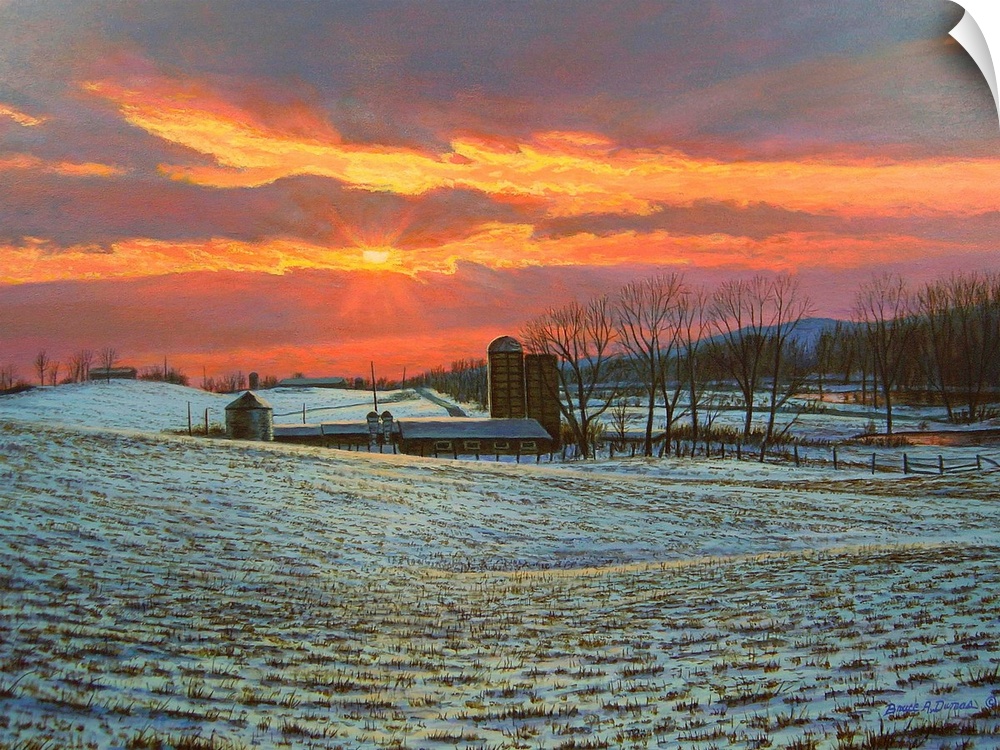 Contemporary painting of a Pennsylvania Farm at Sunset.