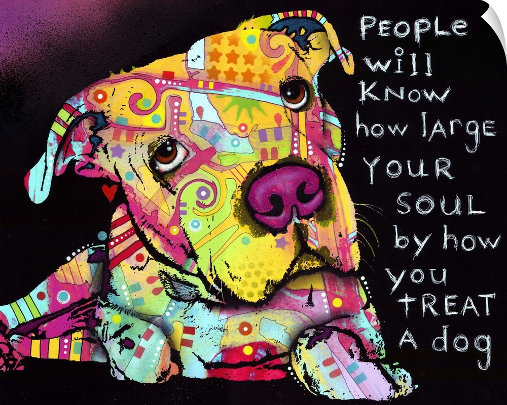 Pop art style digital art of a dog with colorful colors and shapes and a quote about love and our pets.