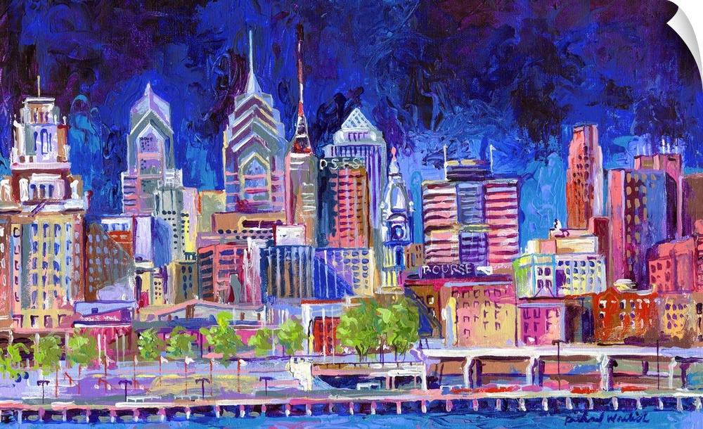 Contemporary painting of the Philadelphia city skyline at night.