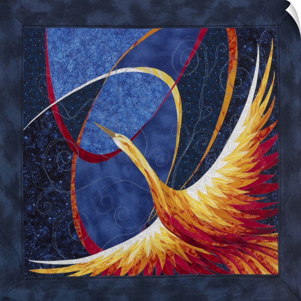 Contemporary colorful fabric art of a phoenix.