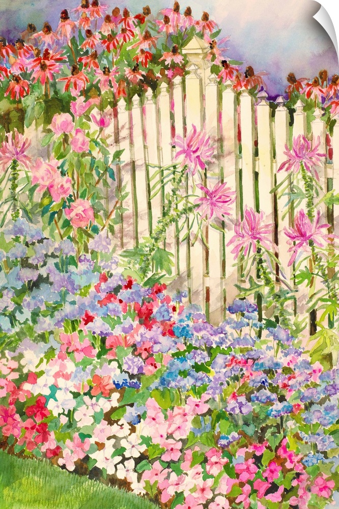 Colorful contemporary painting of a white picket fence surrounded by flowers in bloom.