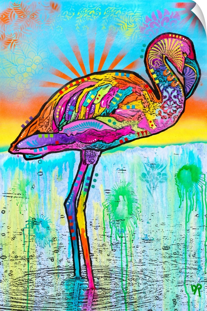 Contemporary stencil painting of a flamingo filled with various colors and patterns.