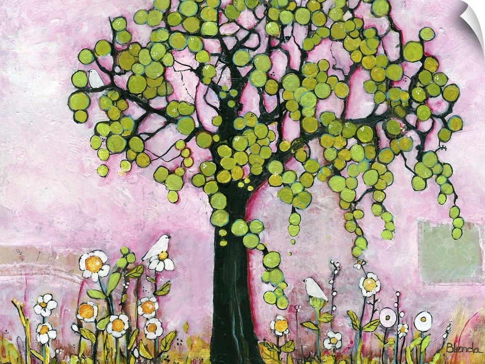 Lighthearted contemporary painting of a tree against a pink background.