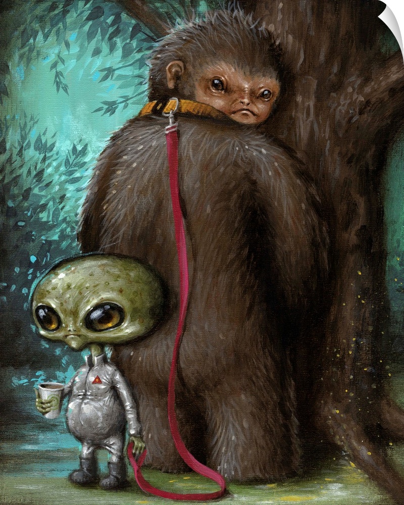 Surrealist painting of an alien holding a leash attached to a creature resembling a Sasquatch standing by a tree.