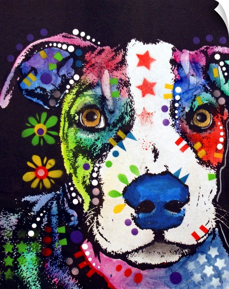 Contemporary stencil painting of a pit bull filled with various colors and patterns.