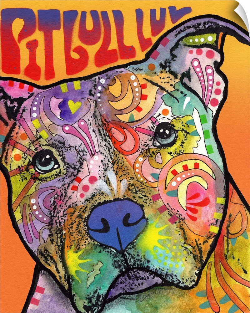 Colorful painting of a pit bull with abstract designs and "Pit Bull Luv" spray painted at the top on an orange background.
