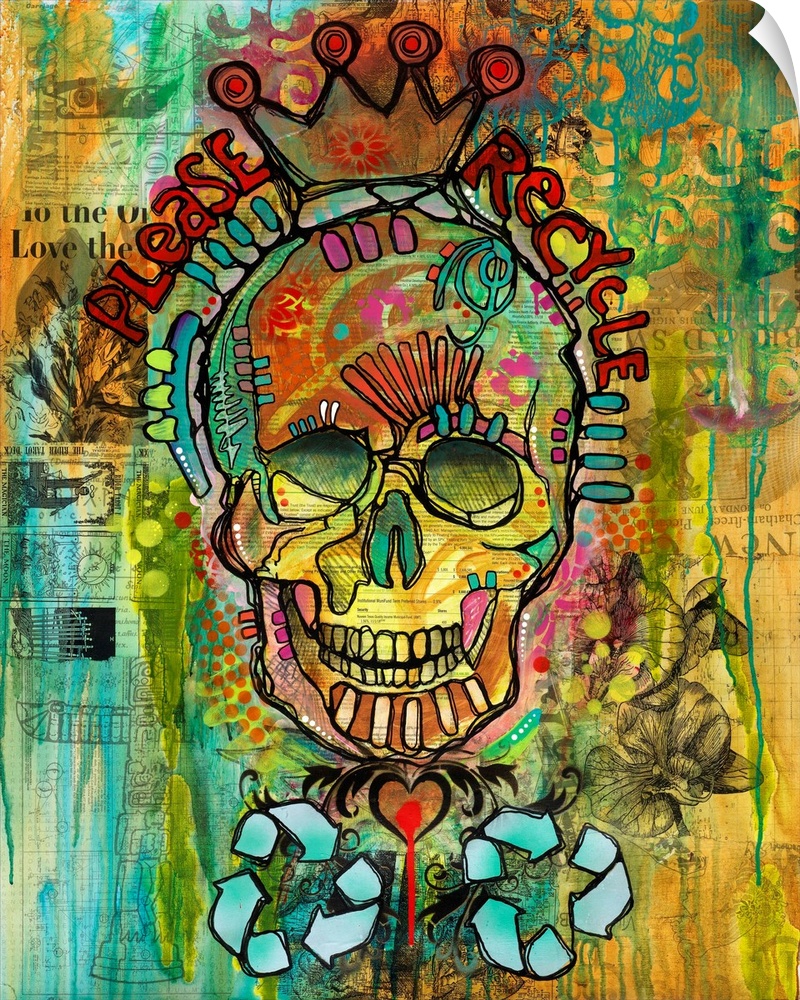 Colorful illustration with a skull wearing a crown and "Please Recycle" written around it on a collage background with new...
