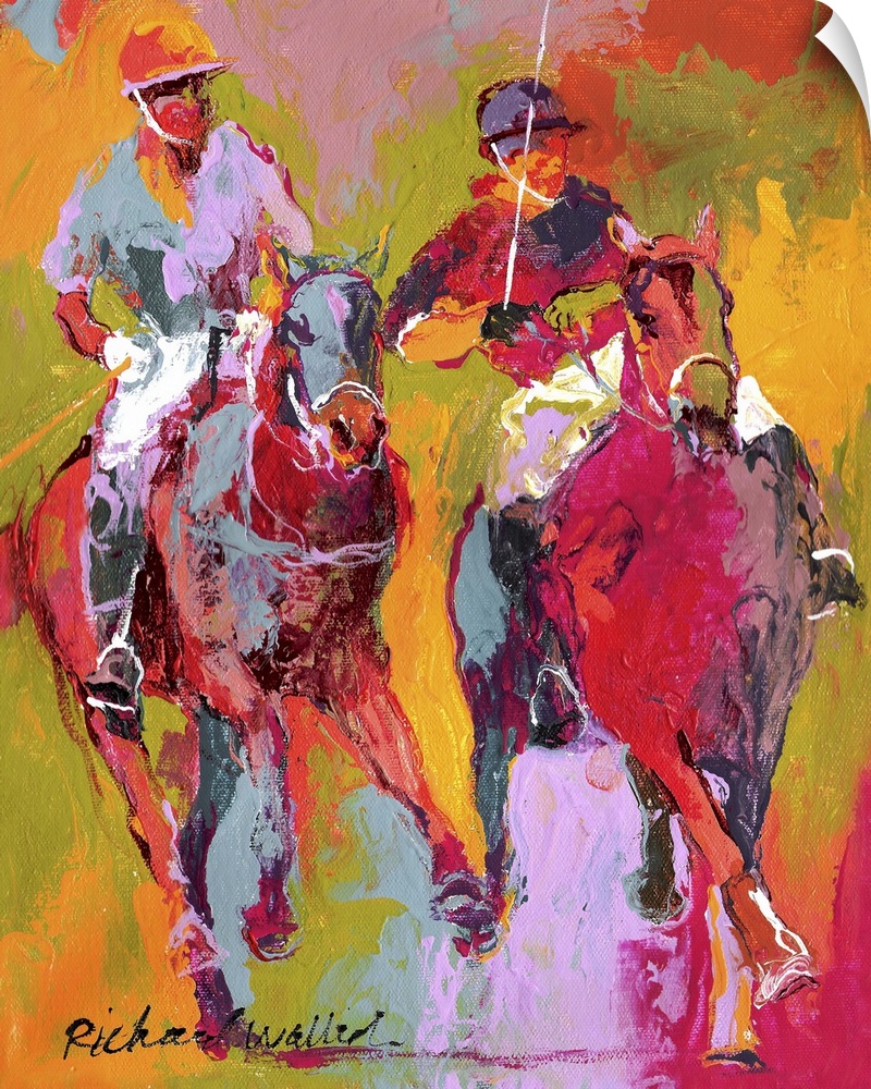 Contemporary colorful painting of a polo match from atop horseback.