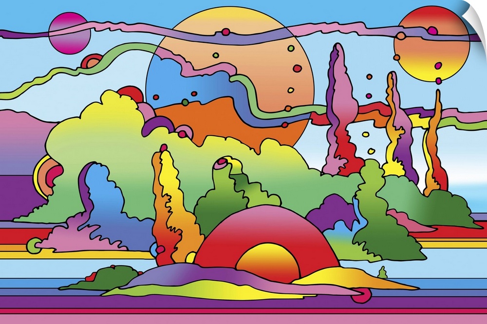 Contemporary artwork of a sci-fi inspired colorful landscape.
