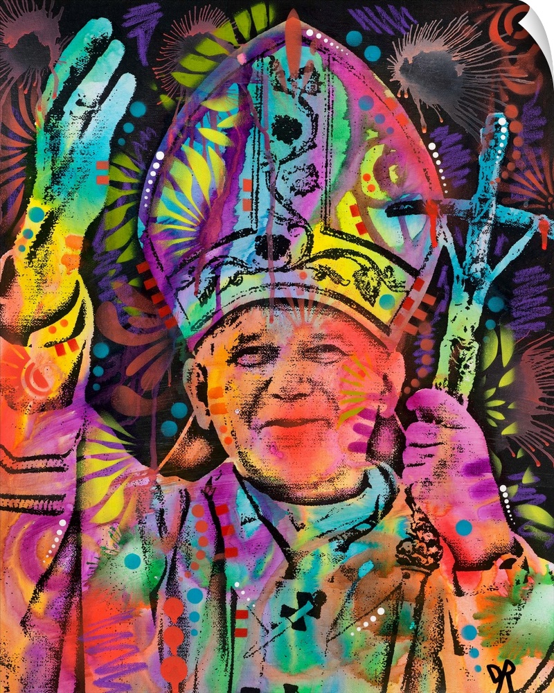 Pop art style painting of Pope John Paul II covered in colorful abstract designs.