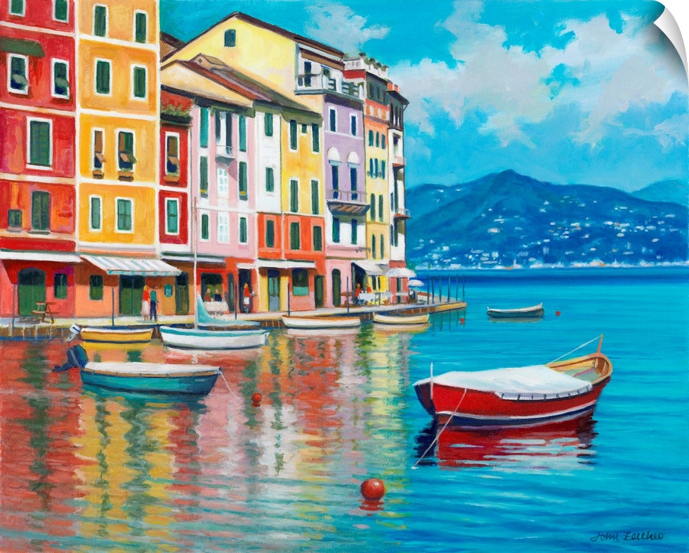 A calm and serene contemporary painting of several boats at an Italian waterfront