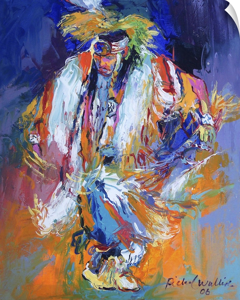 Contemporary vibrant colorful painting of a traditionally dressed native American.