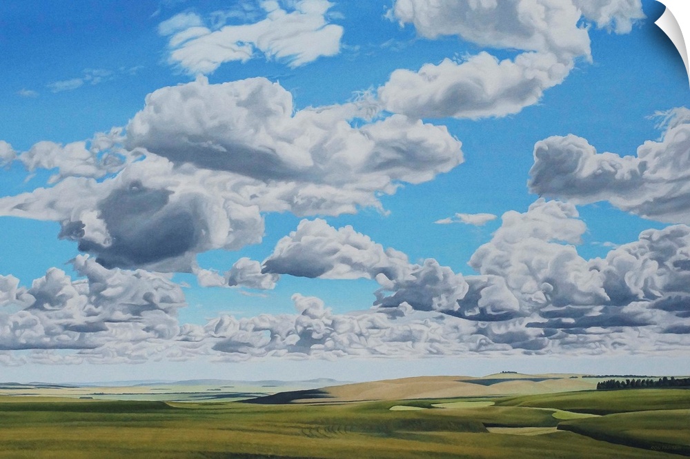 Contemporary painting of an idyllic landscape with fluffy clouds overhead.
