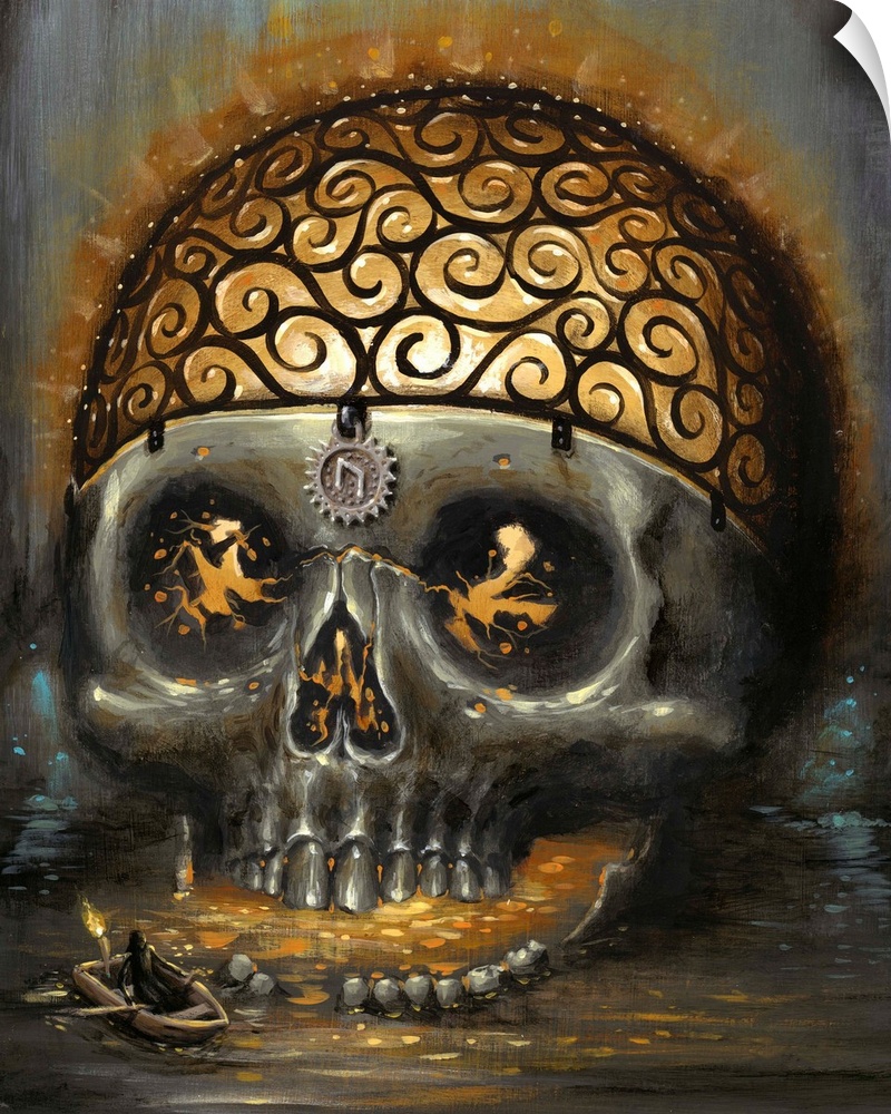 Surrealist painting of a human skull with the top half of the skull a wire cage frame with light pouring from the openings.