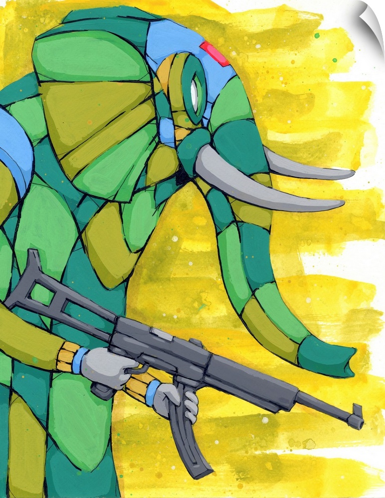 Geometric painting of an elephant carrying a gun, using camouflage colors and a bright yellow background.