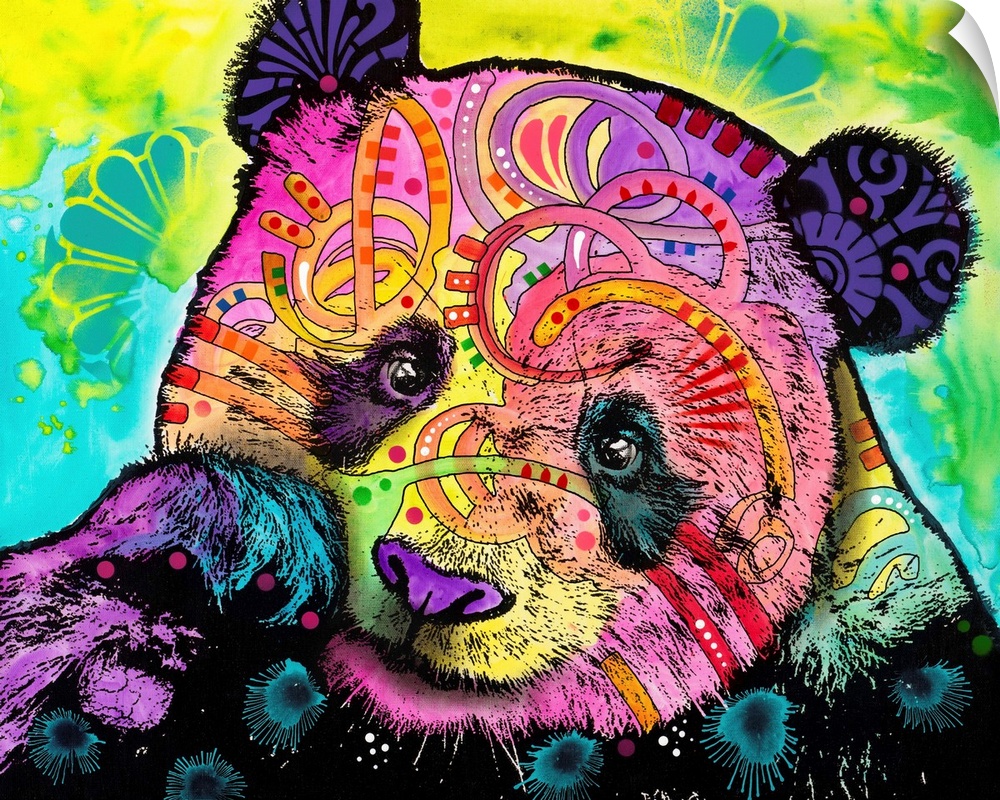 Pop art style painting of a panda bear covered in colorful abstract markings on a blue, yellow, and green background.