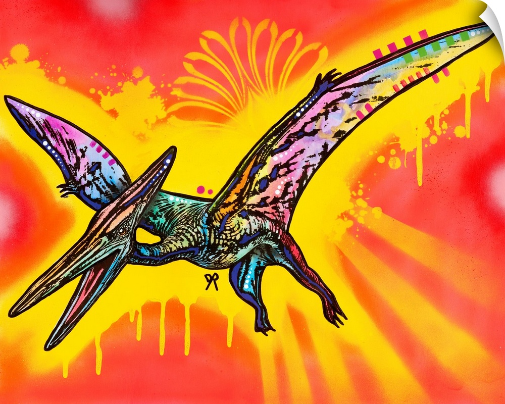 Colorful painting of a Pterodactyl on a bright red and yellow spray painted background