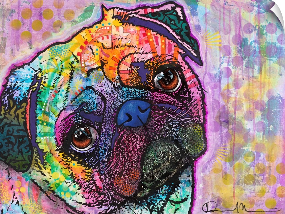 Colorful illustration of a Pug with its head tilted and abstract markings all over.
