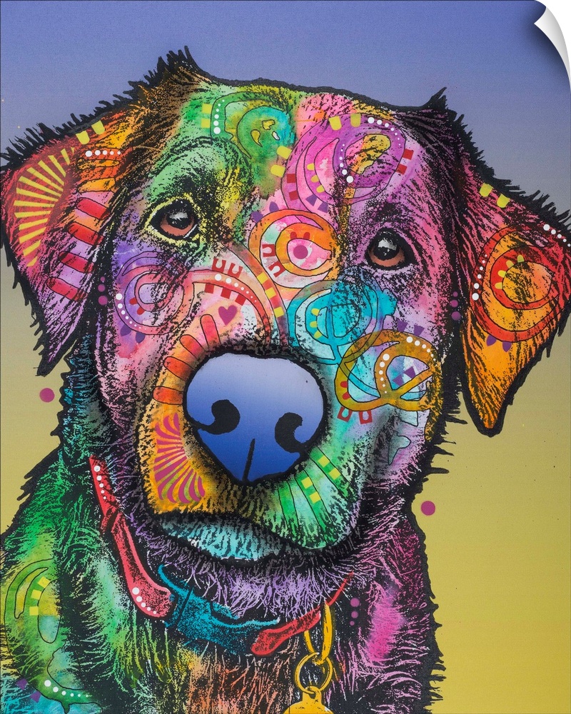 Pop art style painting of a colorful Labrador with graffiti-like designs on a blue and yellow background.