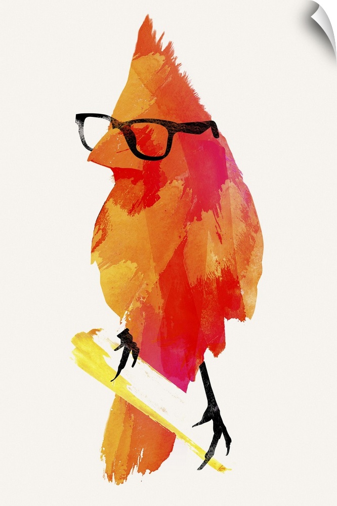 Contemporary artwork of a cardinal wearing a pair of black rim glasses.