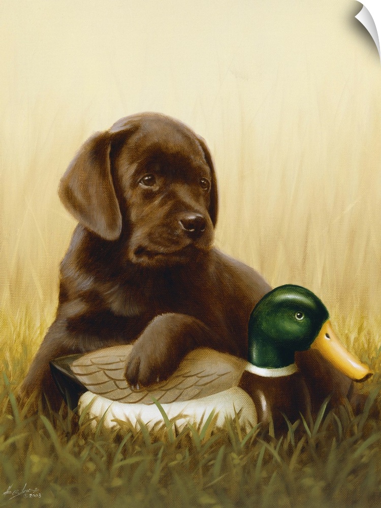 Contemporary painting of a black Labrador retriever puppy laying in the grass a mallard decoy.