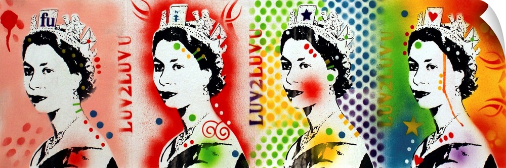 Panoramic graffiti-like print with four images of Queen Elizabeth in a row with different spray painted backgrounds.