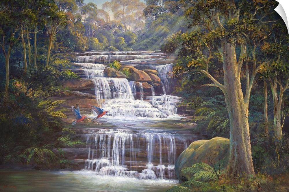Contemporary painting of a forest river cascading down over rocks.