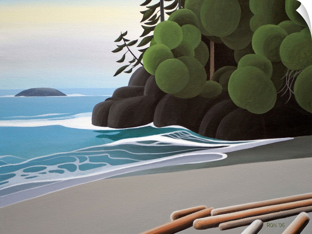 Contemporary colorful painting of a wilderness coastline.