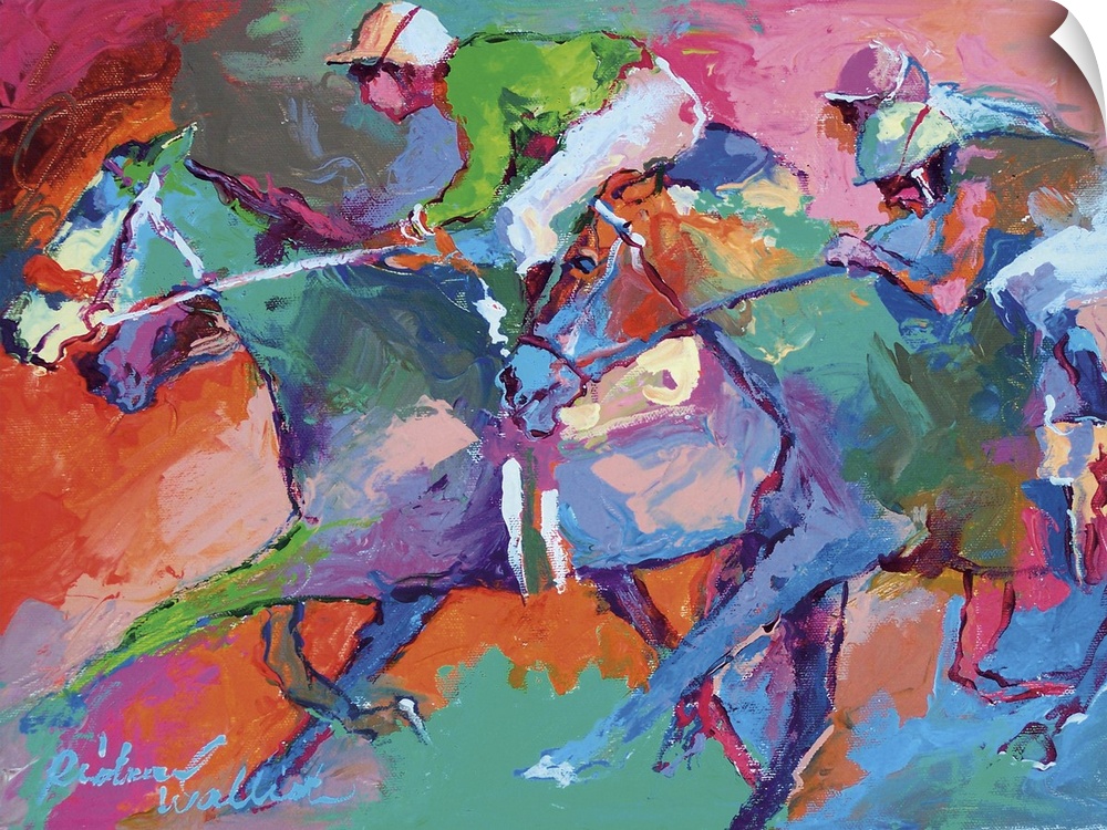 Contemporary vibrant colorful painting of a jockey on horseback.