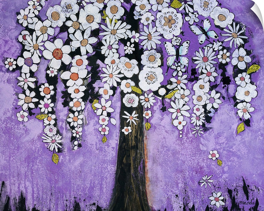 Lighthearted contemporary painting of a flowering tree, against a purple background.