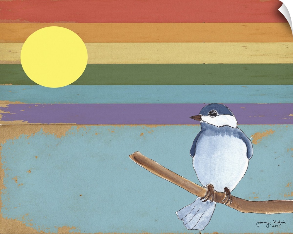 Drawing of a bird on a striped rainbow background.