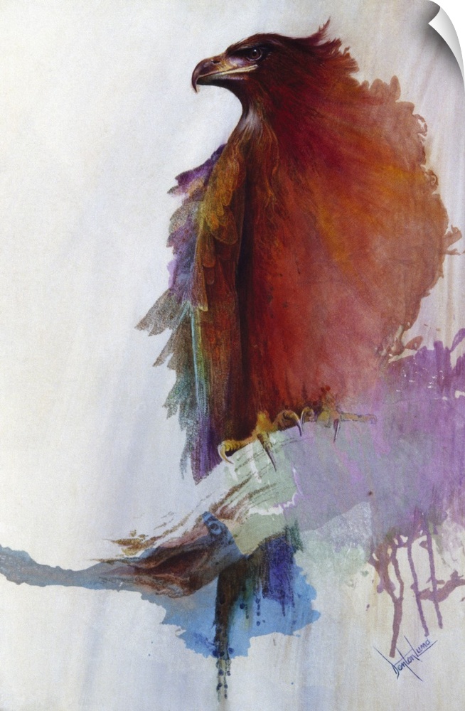 A contemporary painting of an eagle silhouette with vibrant shades of red, purple and orange bleeding through.