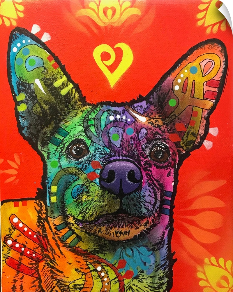 Contemporary stencil painting of a chihuahua filled with various colors and patterns.