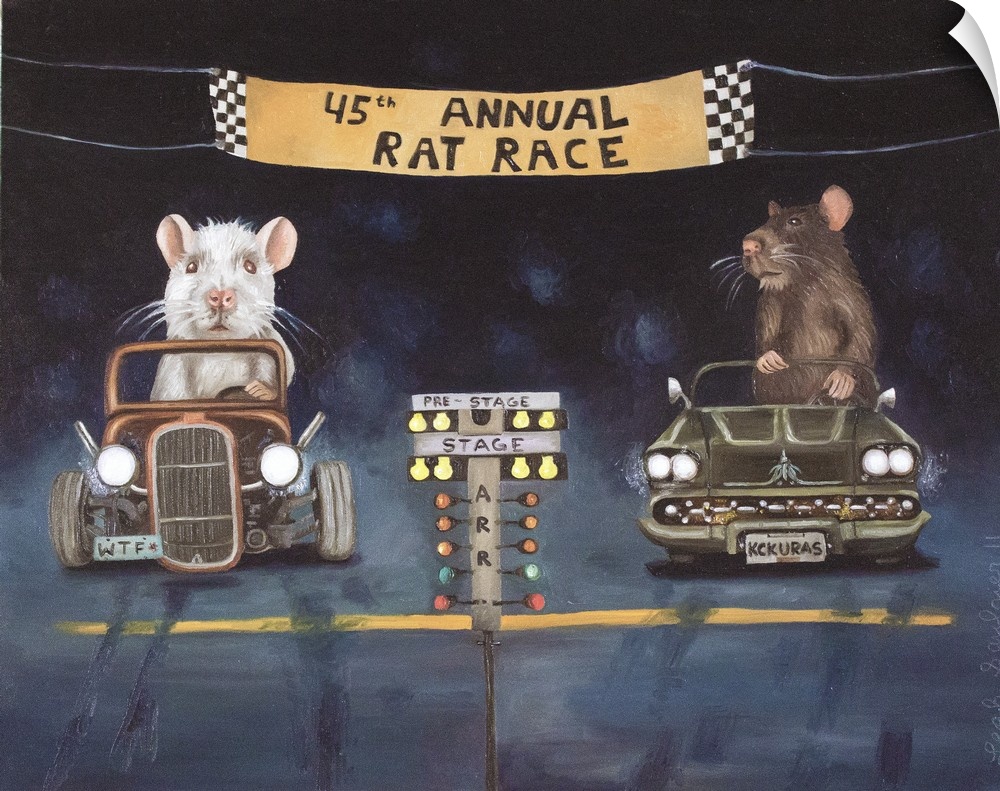 Surrealist painting of a race starting line with two rats driving cars.
