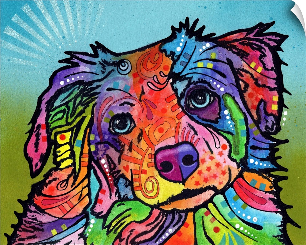 Colorful illustration of a dog with abstract markings on a blue and green background.