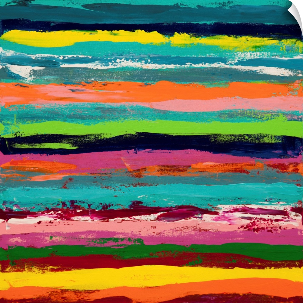 A contemporary abstract painting using vibrant colors in horizontal stripes.