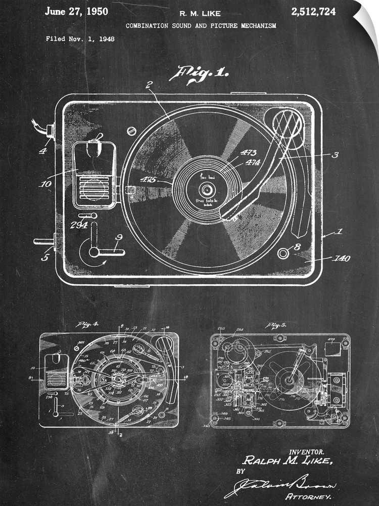 Black and white diagram showing the parts of a record player.