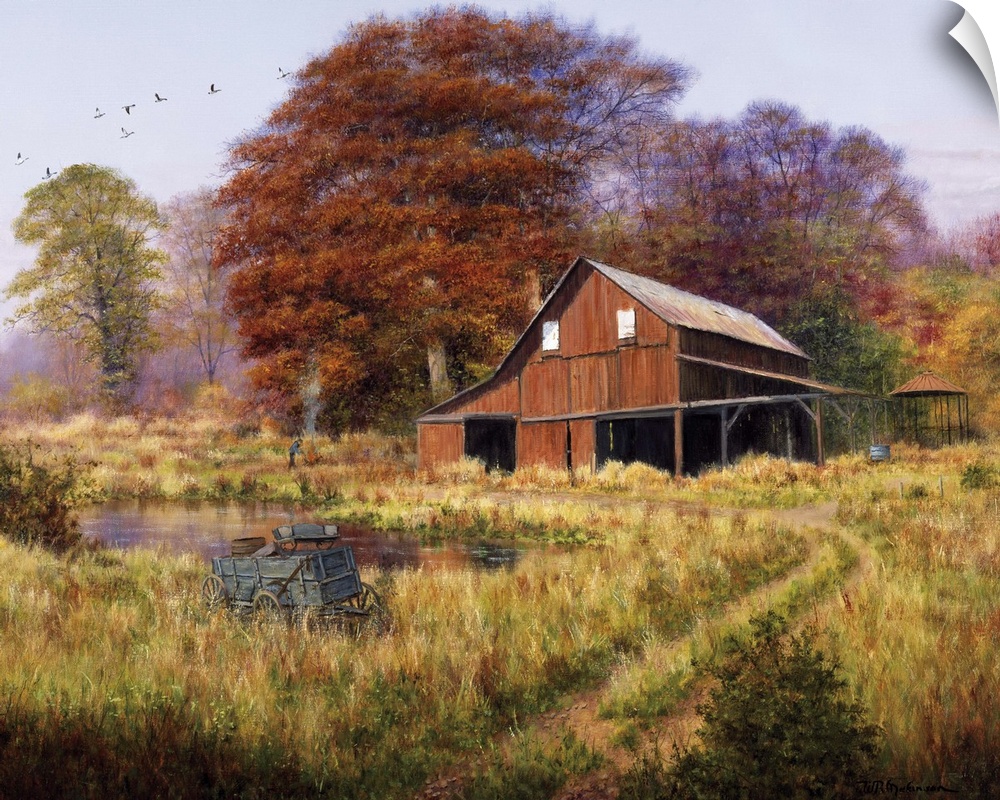 Red barn by pond in field with geese flying south in formation aboveautumn, fall, foliage.