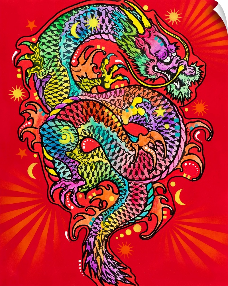 Colorful illustration of a dragon with a bright red background.