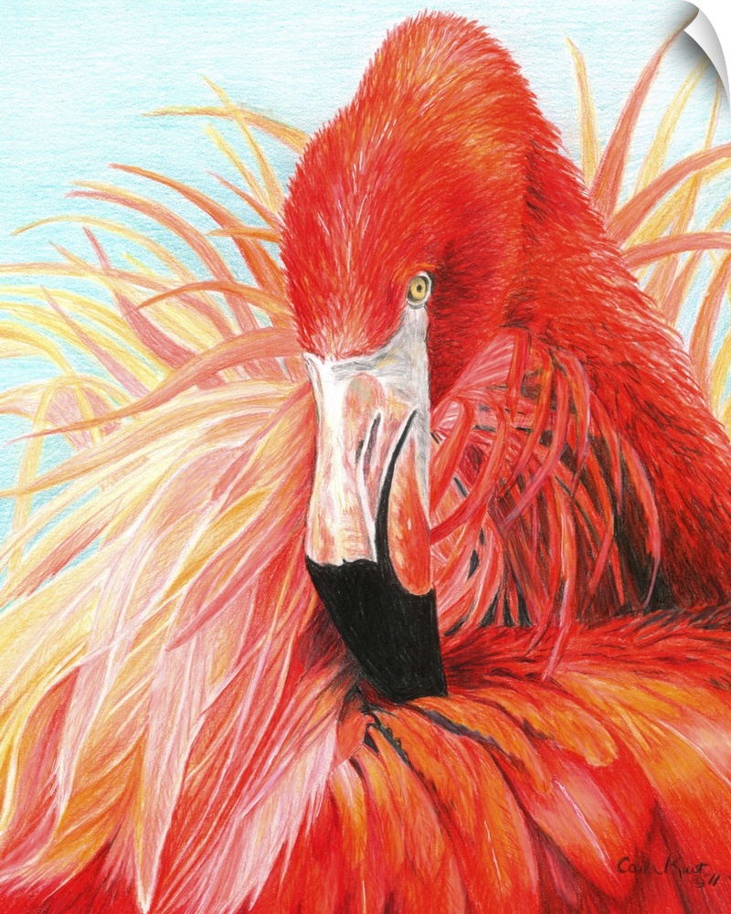 Contemporary artwork of vibrant colored red flamingo.