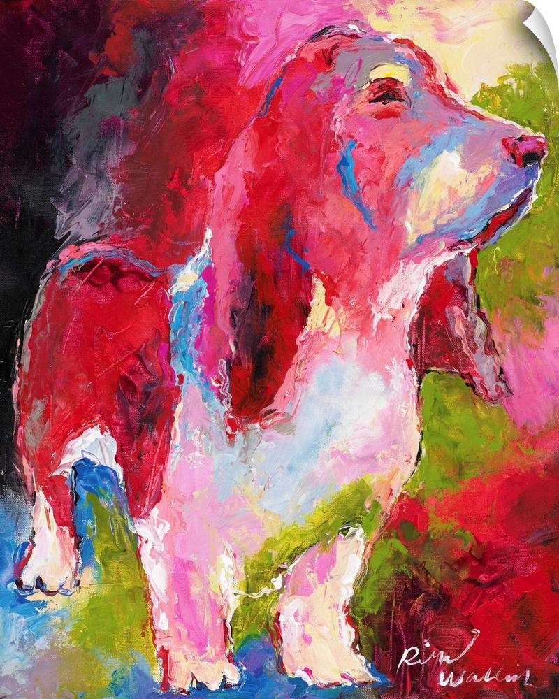 Colorful abstract painting of a basset hound in pink, green, and blue hues.