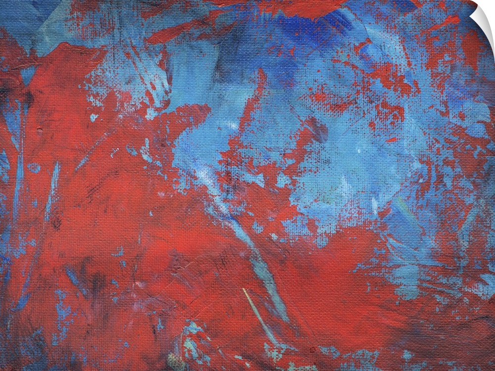 Abstract painting with red and blue intermingling.