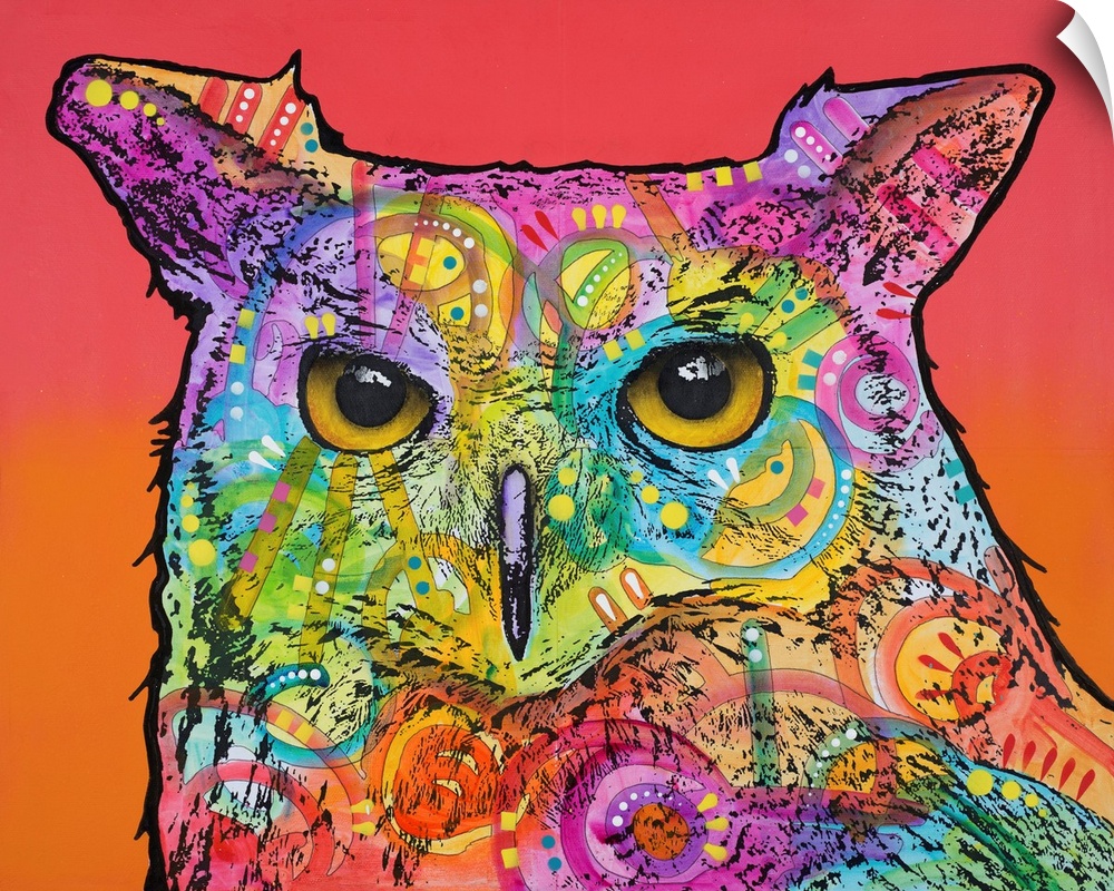 Colorful painting of an owl with abstract designs on a red and orange background.