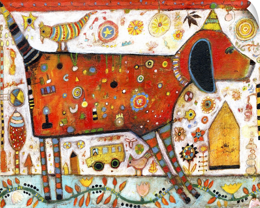 Lighthearted contemporary painting of red dog with spots and wearing a party hat.