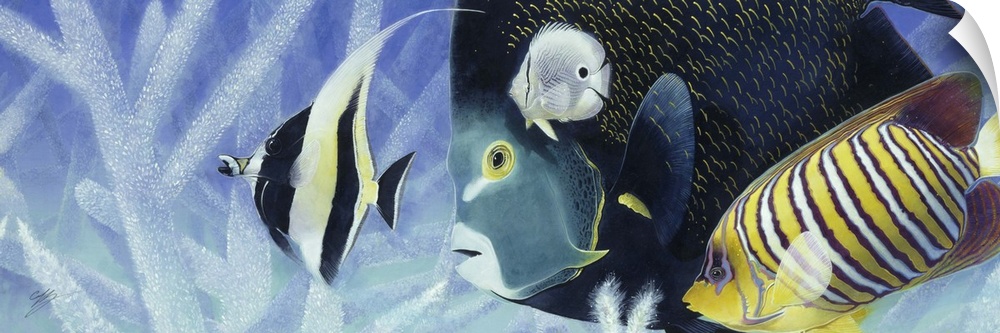 Contemporary painting of tropical fish swimming together.