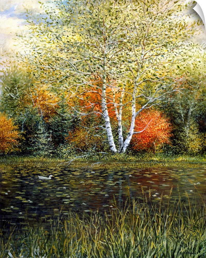 Contemporary artwork of autumn trees reflecting in pond